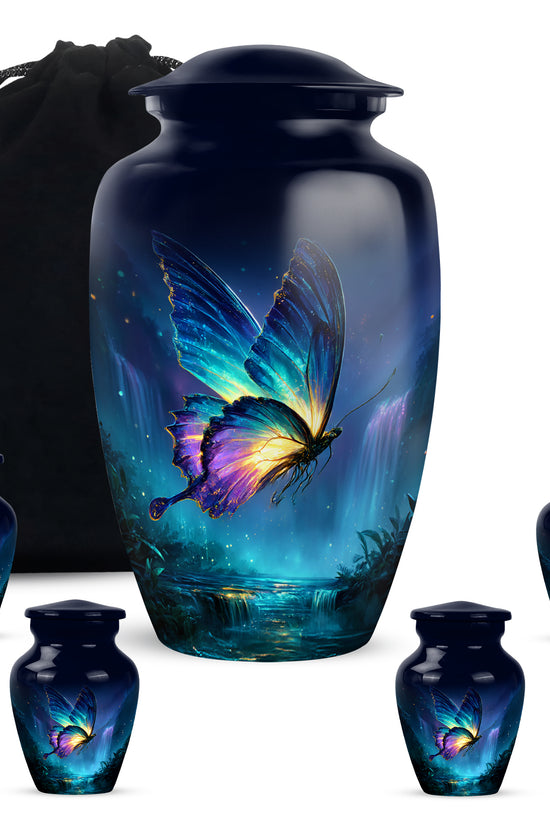 Indigo Butterfly Cremation Urn top-down view of secure threaded lid - classic sculpted butterfly pattern on smooth aluminum - memorial set with one large and four small urns