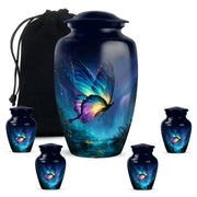 Indigo Butterfly Cremation Urn top-down view of secure threaded lid - classic sculpted butterfly pattern on smooth aluminum - memorial set with one large and four small urns