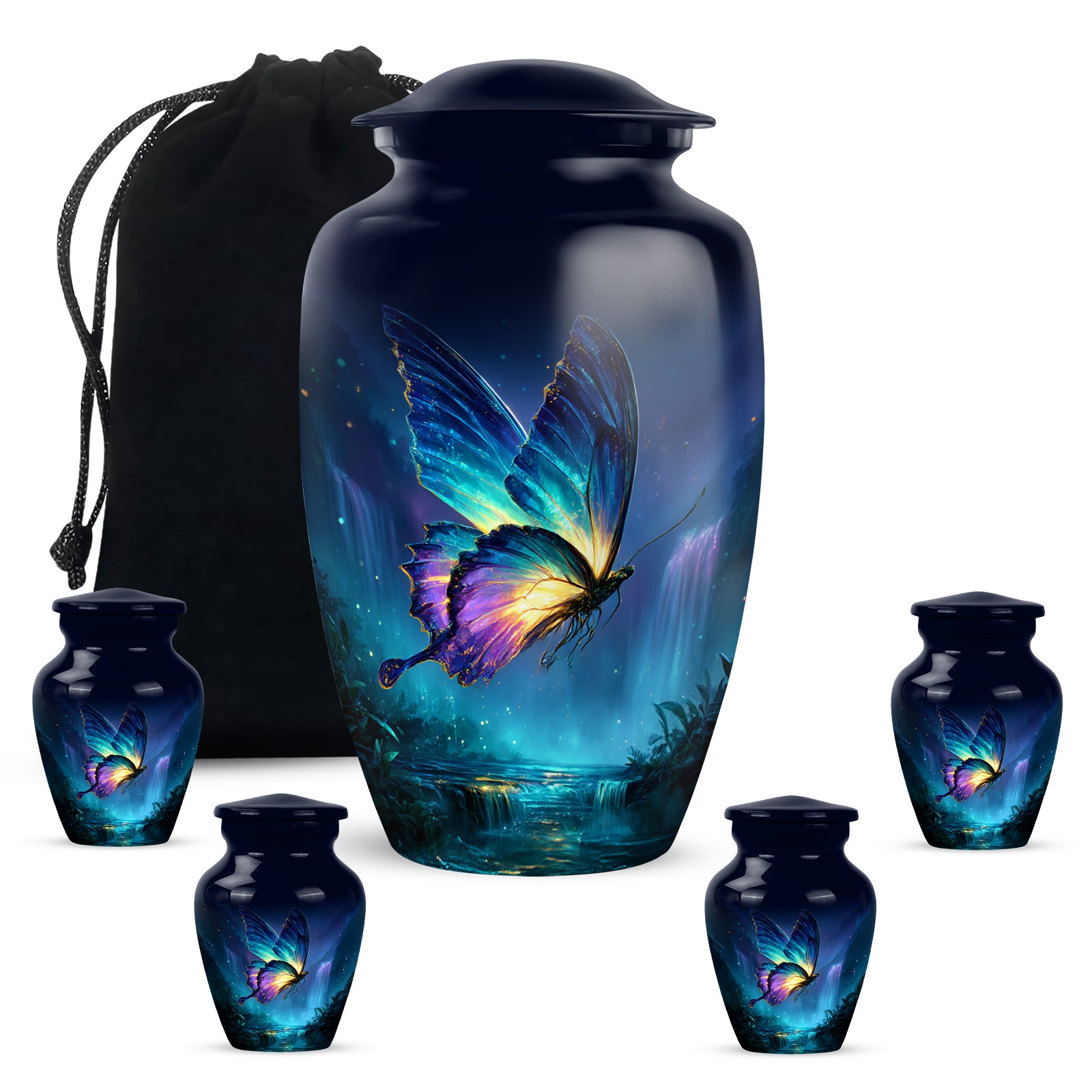 Indigo Butterfly Cremation Urn top-down view of secure threaded lid - classic sculpted butterfly pattern on smooth aluminum - memorial set with one large and four small urns