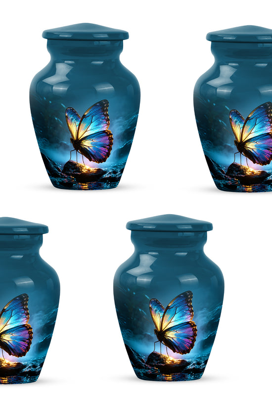Azure Butterfly Cremation Urn side profile showing urn shape - classic sculpted butterfly pattern on smooth aluminum - 10 inch aluminum urn for cremated remains