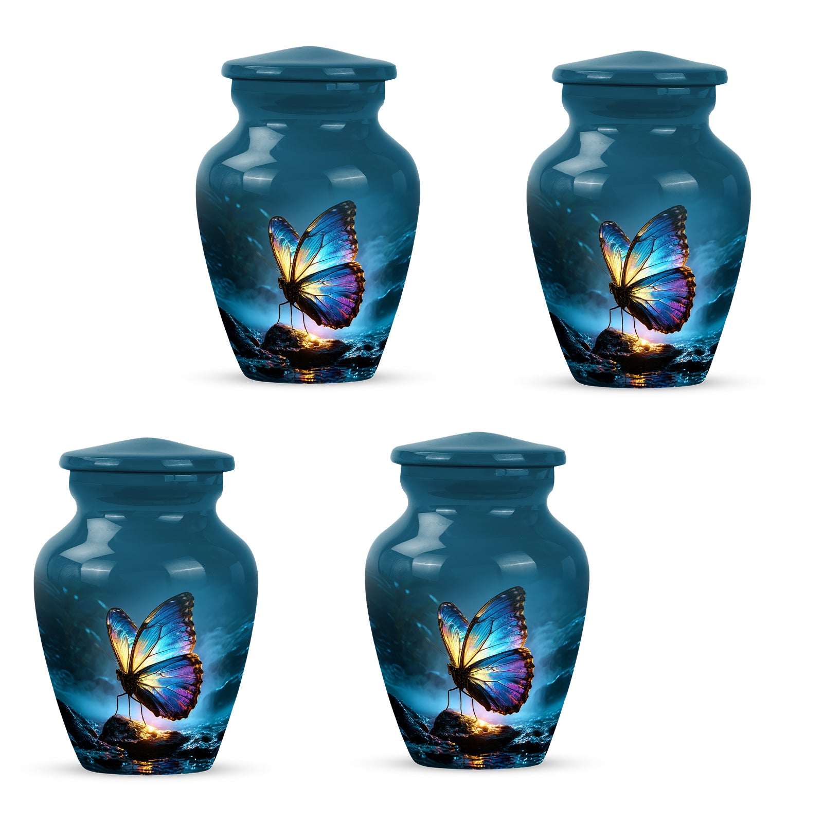 Azure Butterfly Cremation Urn side profile showing urn shape - classic sculpted butterfly pattern on smooth aluminum - 10 inch aluminum urn for cremated remains