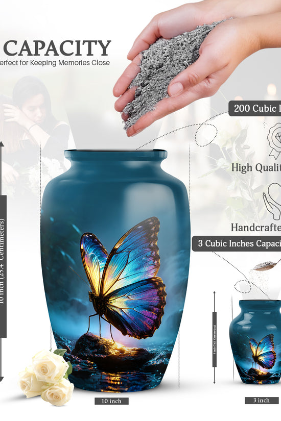 Sky Blue Butterfly Cremation Urn close-up of engraving and surface detail - classic sculpted butterfly pattern on smooth aluminum - mini keepsake memorial for portion of cremation ashes