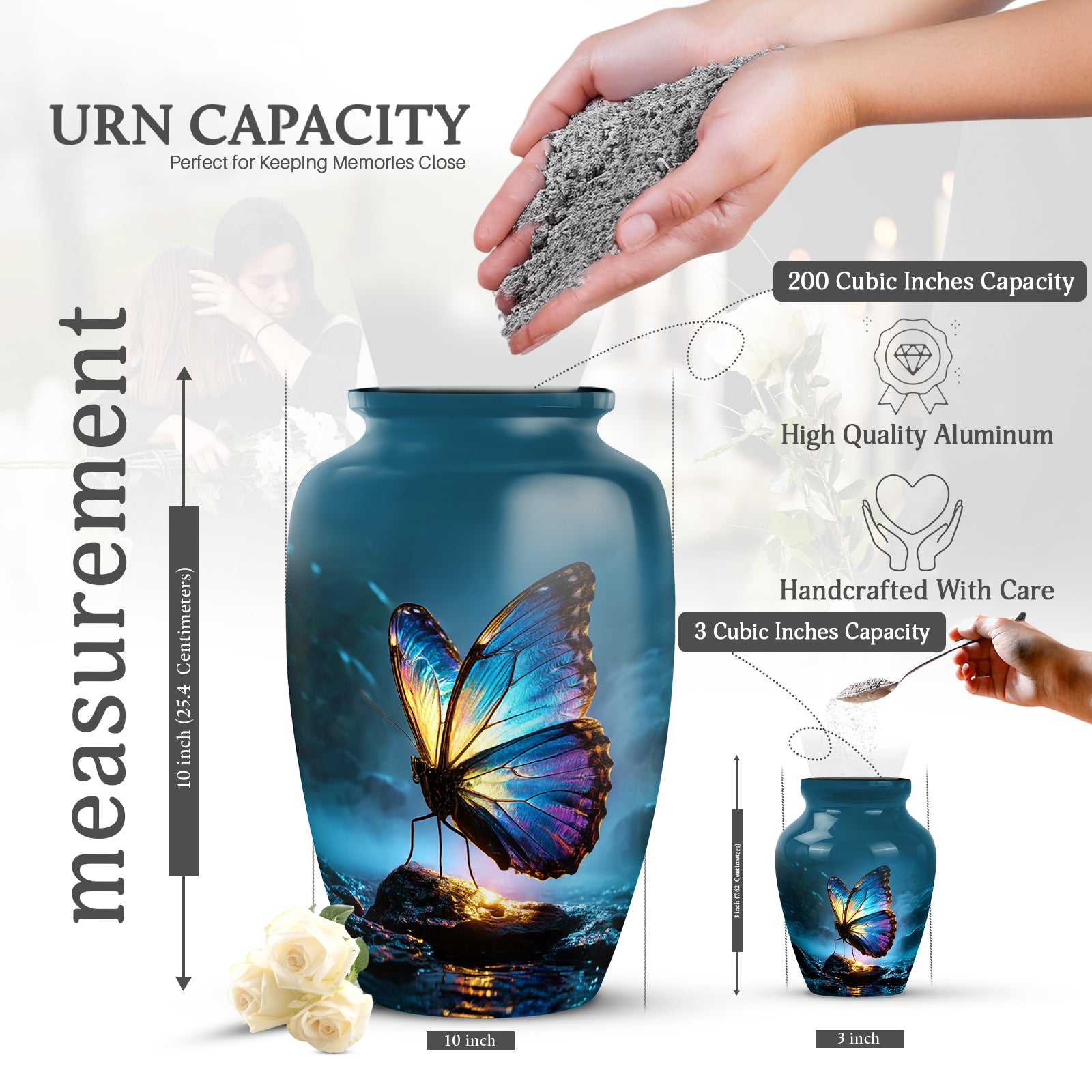 Sky Blue Butterfly Cremation Urn close-up of engraving and surface detail - classic sculpted butterfly pattern on smooth aluminum - mini keepsake memorial for portion of cremation ashes
