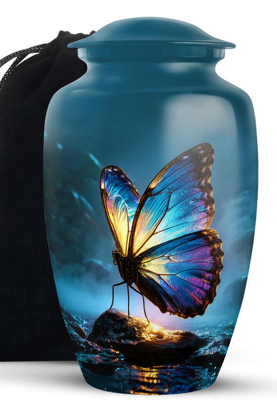 Sapphire Blue Butterfly Cremation Urn angled view of lid and engraved motif - elegant classic butterfly relief with fine detailing - full-size 10 inch 200 cubic inch adult cremation urn