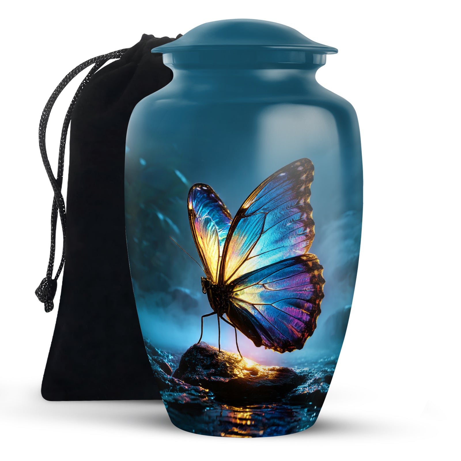 Sapphire Blue Butterfly Cremation Urn angled view of lid and engraved motif - elegant classic butterfly relief with fine detailing - full-size 10 inch 200 cubic inch adult cremation urn