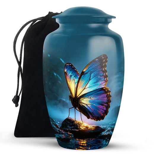 Sapphire Blue Butterfly Cremation Urn angled view of lid and engraved motif - elegant classic butterfly relief with fine detailing - full-size 10 inch 200 cubic inch adult cremation urn