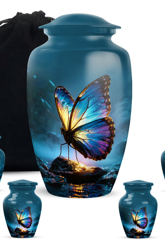 Celestial Blue Butterfly Cremation Urn top-down view of secure threaded lid - classic sculpted butterfly pattern on smooth aluminum - memorial set with one large and four small urns