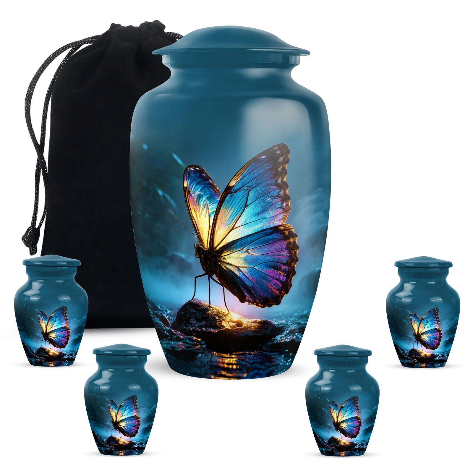 Celestial Blue Butterfly Cremation Urn top-down view of secure threaded lid - classic sculpted butterfly pattern on smooth aluminum - memorial set with one large and four small urns