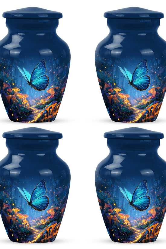 Navy Blue Butterfly Cremation Urn side profile showing urn shape - timeless butterfly motif etched into premium metal - 10 inch aluminum urn for cremated remains