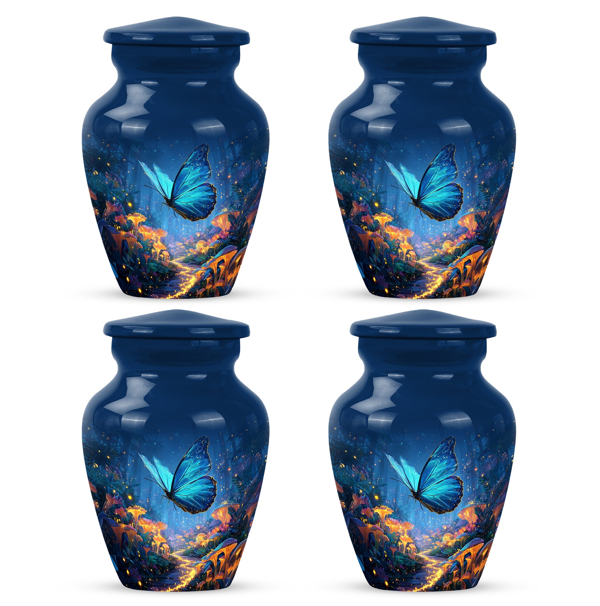 Navy Blue Butterfly Cremation Urn side profile showing urn shape - timeless butterfly motif etched into premium metal - 10 inch aluminum urn for cremated remains