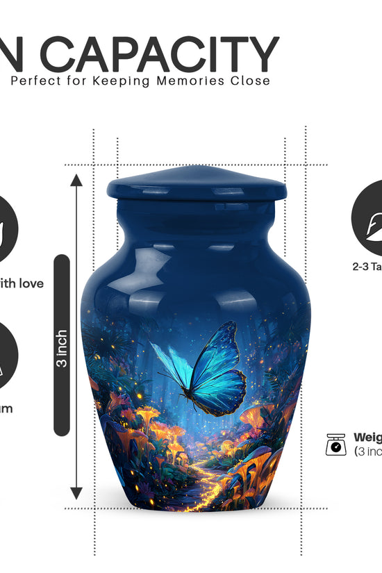 Pastel Blue Butterfly Cremation Urn close-up of engraving and surface detail - classic sculpted butterfly pattern on smooth aluminum - mini keepsake memorial for portion of cremation ashes