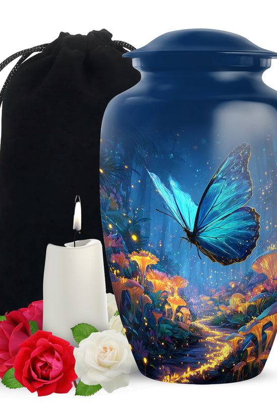 Sky Blue Butterfly Cremation Urn angled view of lid and engraved motif - timeless butterfly motif etched into premium metal - full-size 10 inch 200 cubic inch adult cremation urn