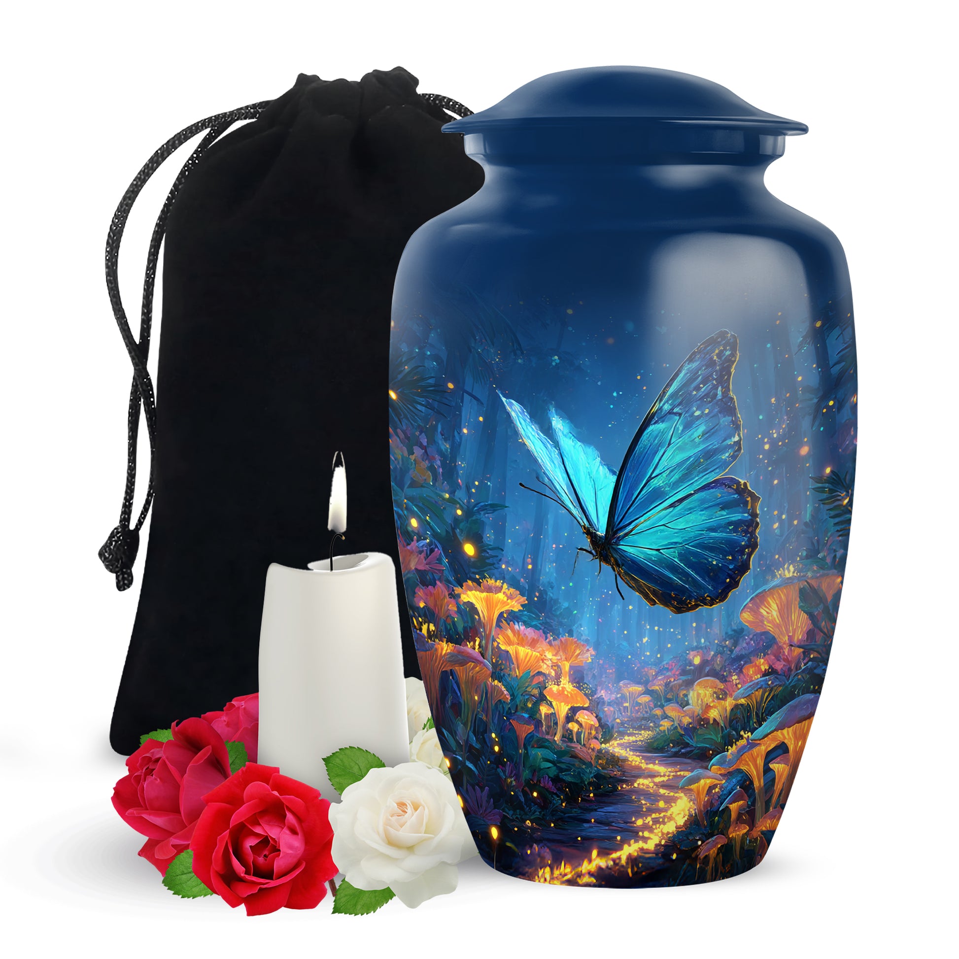 Sky Blue Butterfly Cremation Urn angled view of lid and engraved motif - timeless butterfly motif etched into premium metal - full-size 10 inch 200 cubic inch adult cremation urn