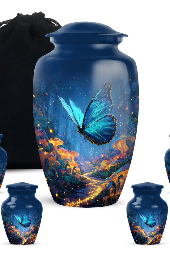 Royal Blue Butterfly Cremation Urn top-down view of secure threaded lid - elegant classic butterfly relief with fine detailing - memorial set with one large and four small urns