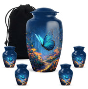 Royal Blue Butterfly Cremation Urn top-down view of secure threaded lid - elegant classic butterfly relief with fine detailing - memorial set with one large and four small urns