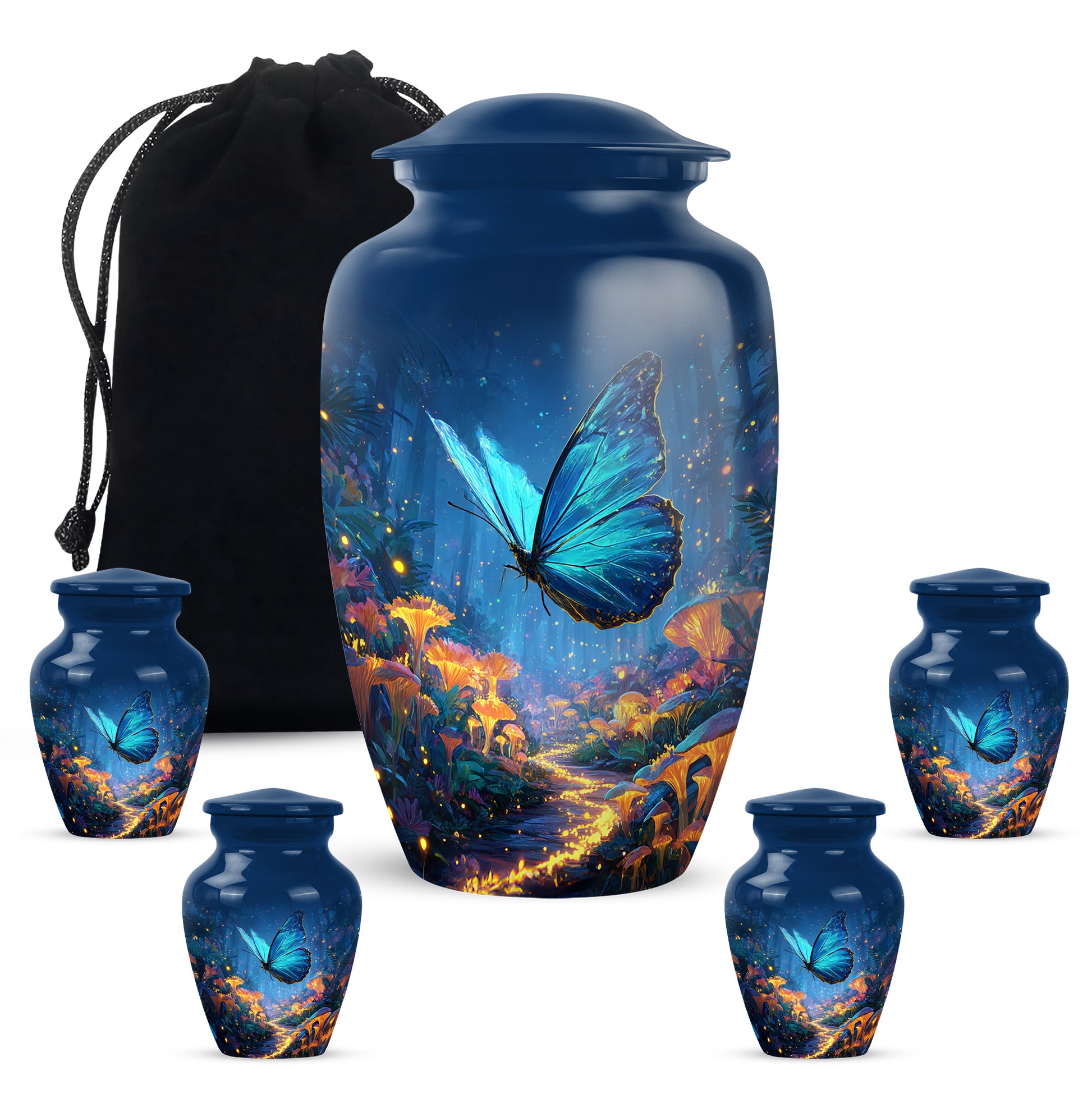 Royal Blue Butterfly Cremation Urn top-down view of secure threaded lid - elegant classic butterfly relief with fine detailing - memorial set with one large and four small urns