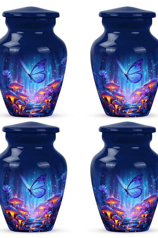 Steel Blue Butterfly Cremation Urn side profile showing urn shape - traditional butterfly engraving with hand-polished finish - 10 inch aluminum urn for cremated remains