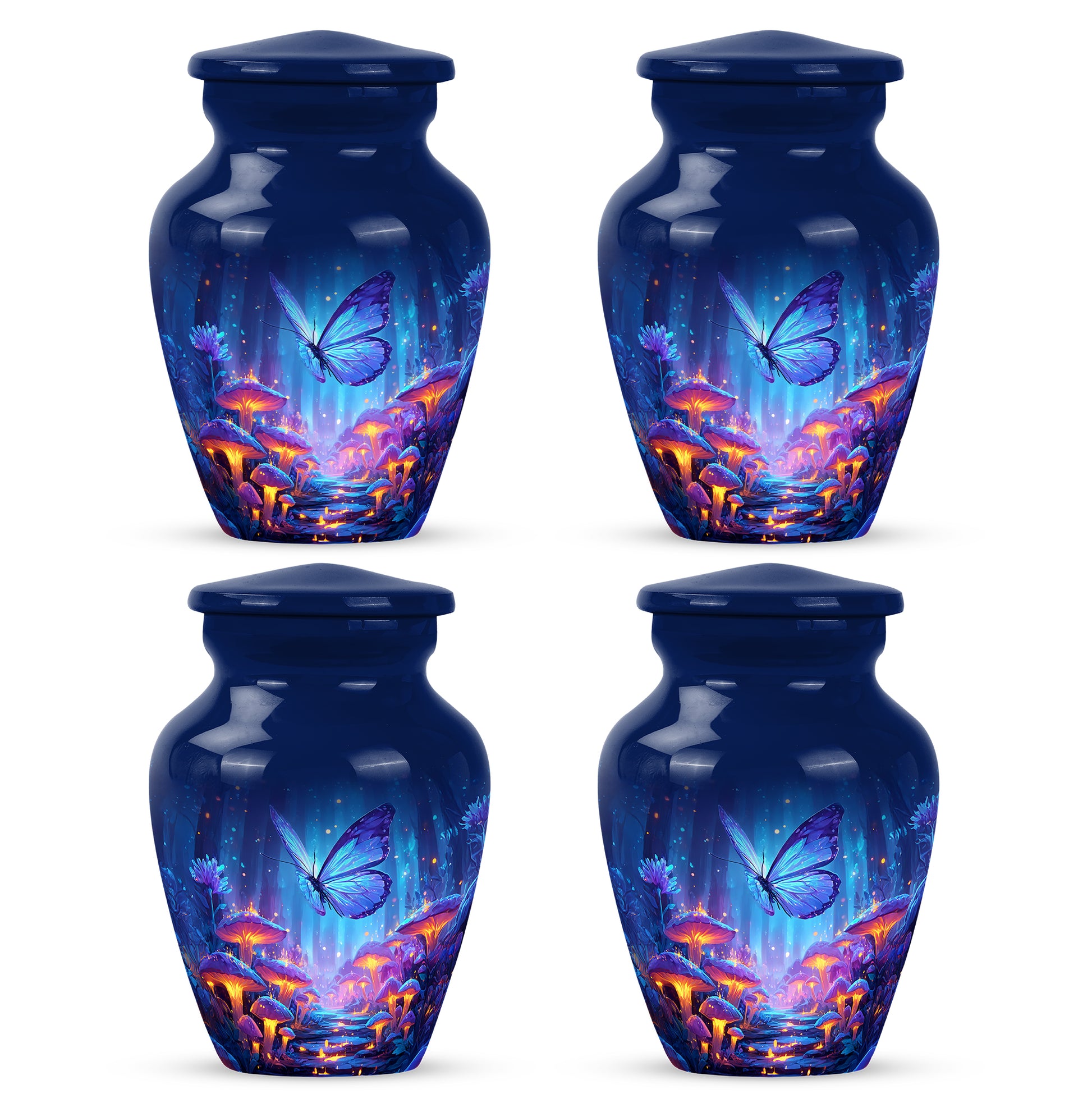 Steel Blue Butterfly Cremation Urn side profile showing urn shape - traditional butterfly engraving with hand-polished finish - 10 inch aluminum urn for cremated remains