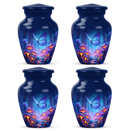 Steel Blue Butterfly Cremation Urn side profile showing urn shape - traditional butterfly engraving with hand-polished finish - 10 inch aluminum urn for cremated remains