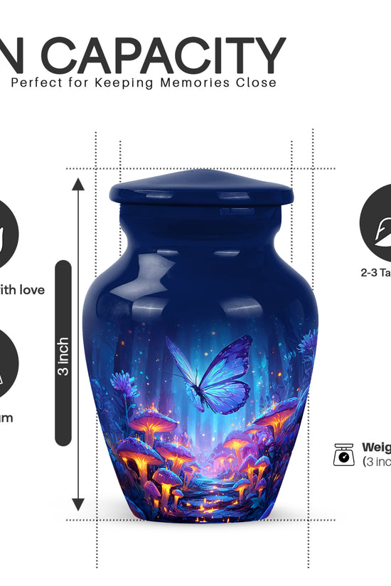 Misty Blue Butterfly Cremation Urn close-up of engraving and surface detail - timeless butterfly motif etched into premium metal - mini keepsake memorial for portion of cremation ashes