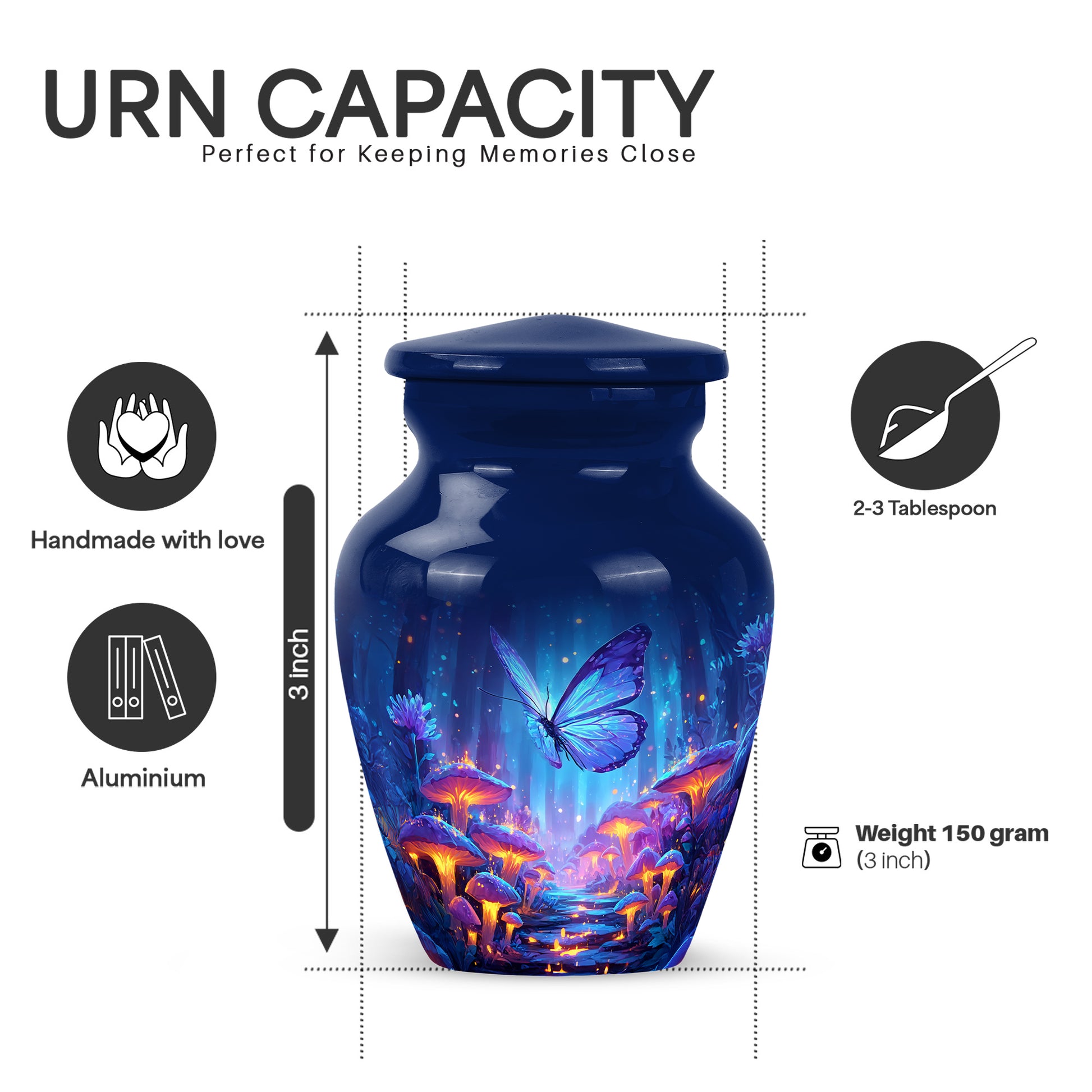 Misty Blue Butterfly Cremation Urn close-up of engraving and surface detail - timeless butterfly motif etched into premium metal - mini keepsake memorial for portion of cremation ashes