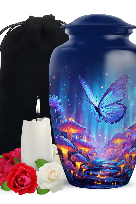Calming Blue Butterfly Cremation Urn angled view of lid and engraved motif - traditional butterfly engraving with hand-polished finish - full-size 10 inch 200 cubic inch adult cremation urn