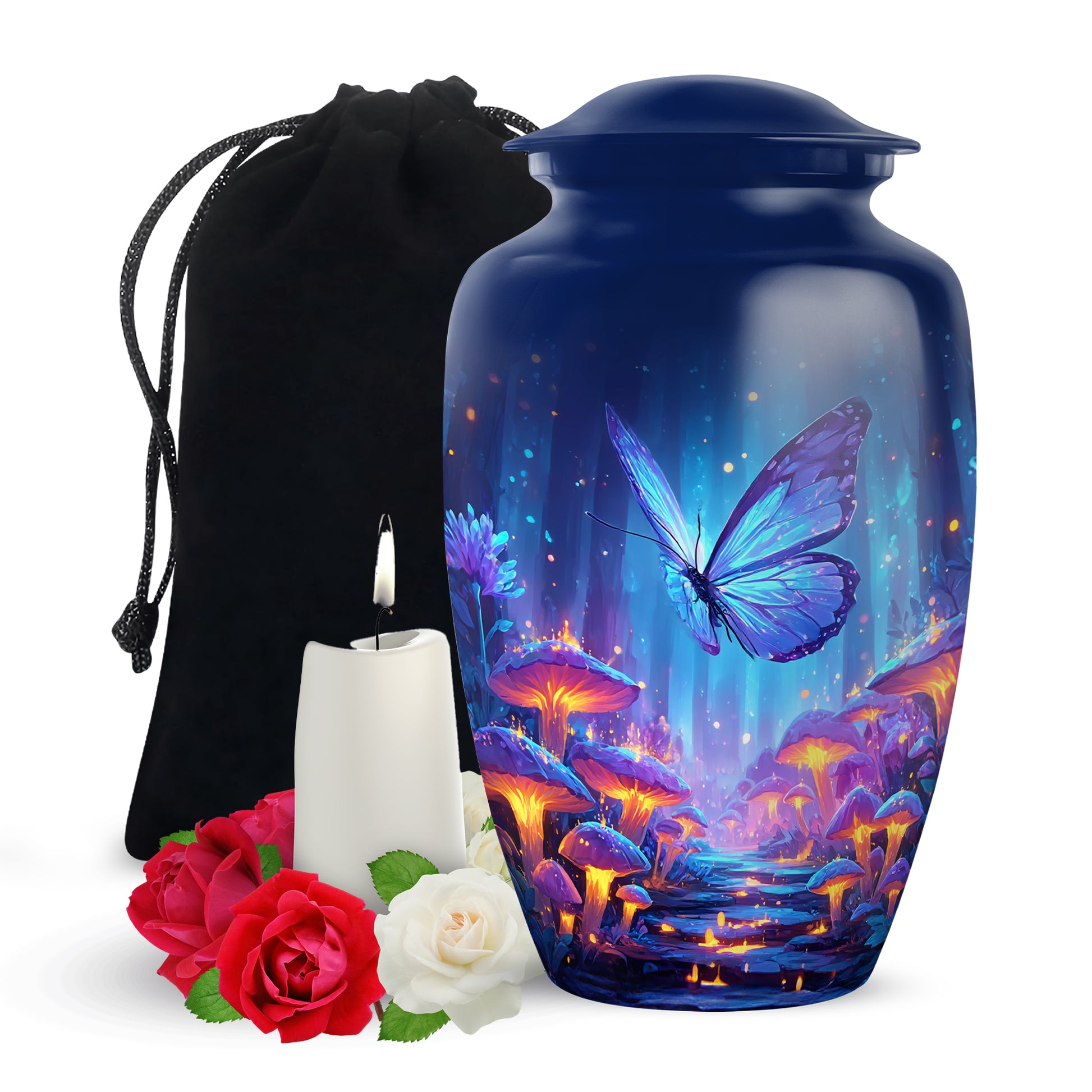 Calming Blue Butterfly Cremation Urn angled view of lid and engraved motif - traditional butterfly engraving with hand-polished finish - full-size 10 inch 200 cubic inch adult cremation urn