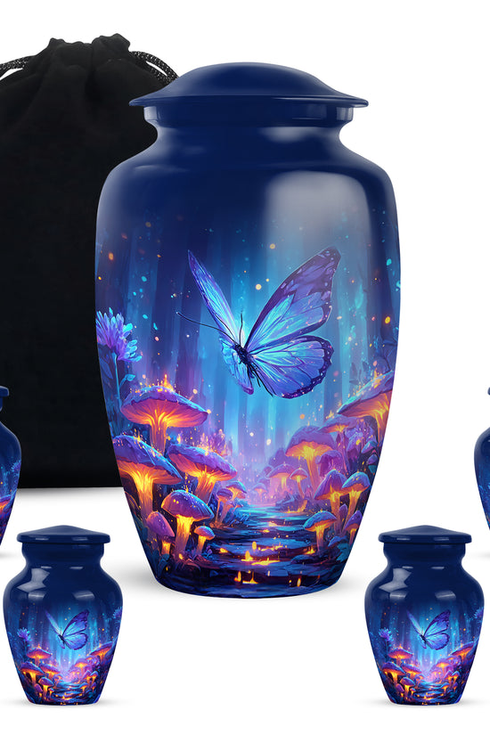 Twilight Blue Butterfly Cremation Urn top-down view of secure threaded lid - elegant classic butterfly relief with fine detailing - memorial set with one large and four small urns