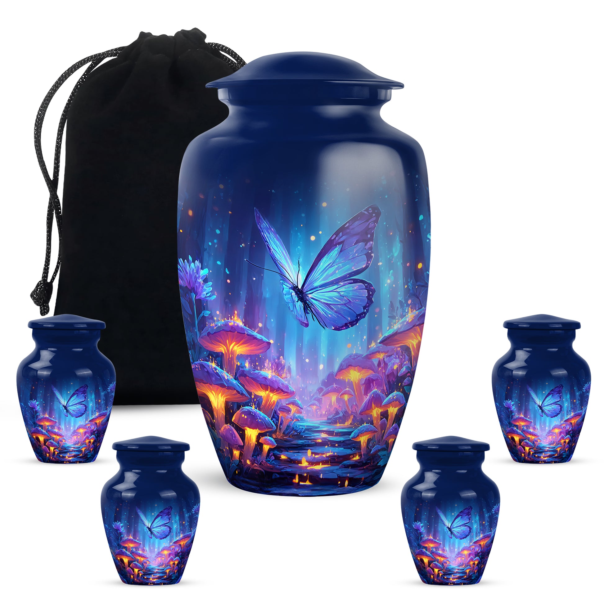 Twilight Blue Butterfly Cremation Urn top-down view of secure threaded lid - elegant classic butterfly relief with fine detailing - memorial set with one large and four small urns
