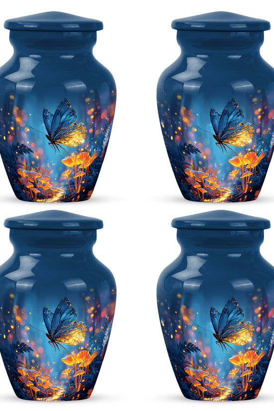Cobalt Blue Butterfly Cremation Urn side profile showing urn shape - elegant classic butterfly relief with fine detailing - 10 inch aluminum urn for cremated remains