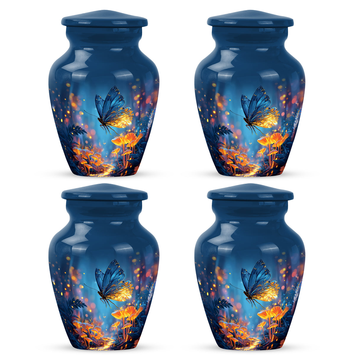 Cobalt Blue Butterfly Cremation Urn side profile showing urn shape - elegant classic butterfly relief with fine detailing - 10 inch aluminum urn for cremated remains