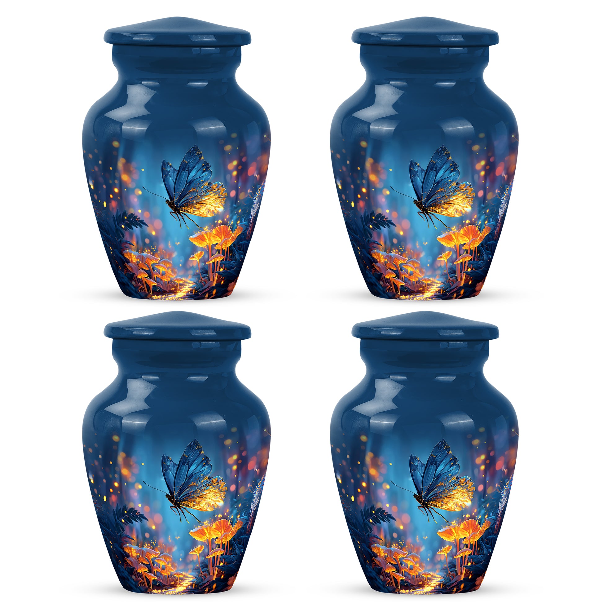 Cobalt Blue Butterfly Cremation Urn side profile showing urn shape - elegant classic butterfly relief with fine detailing - 10 inch aluminum urn for cremated remains