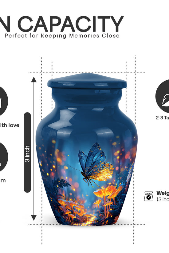 Calming Blue Butterfly Cremation Urn close-up of engraving and surface detail - elegant classic butterfly relief with fine detailing - mini keepsake memorial for portion of cremation ashes