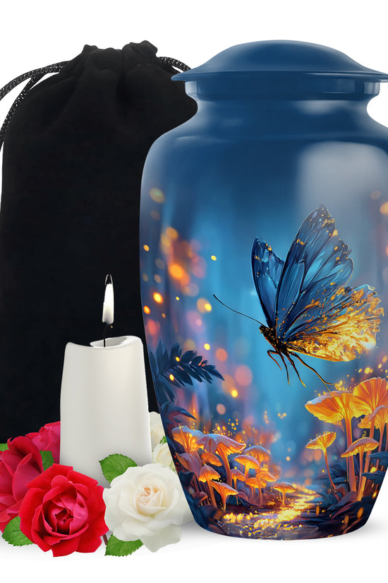 Misty Blue Butterfly Cremation Urn angled view of lid and engraved motif - classic sculpted butterfly pattern on smooth aluminum - full-size 10 inch 200 cubic inch adult cremation urn