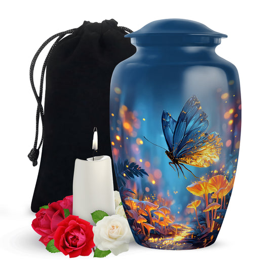 Misty Blue Butterfly Cremation Urn angled view of lid and engraved motif - classic sculpted butterfly pattern on smooth aluminum - full-size 10 inch 200 cubic inch adult cremation urn