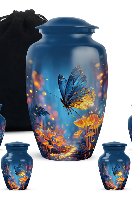 Sky Blue Butterfly Cremation Urn top-down view of secure threaded lid - timeless butterfly motif etched into premium metal - memorial set with one large and four small urns