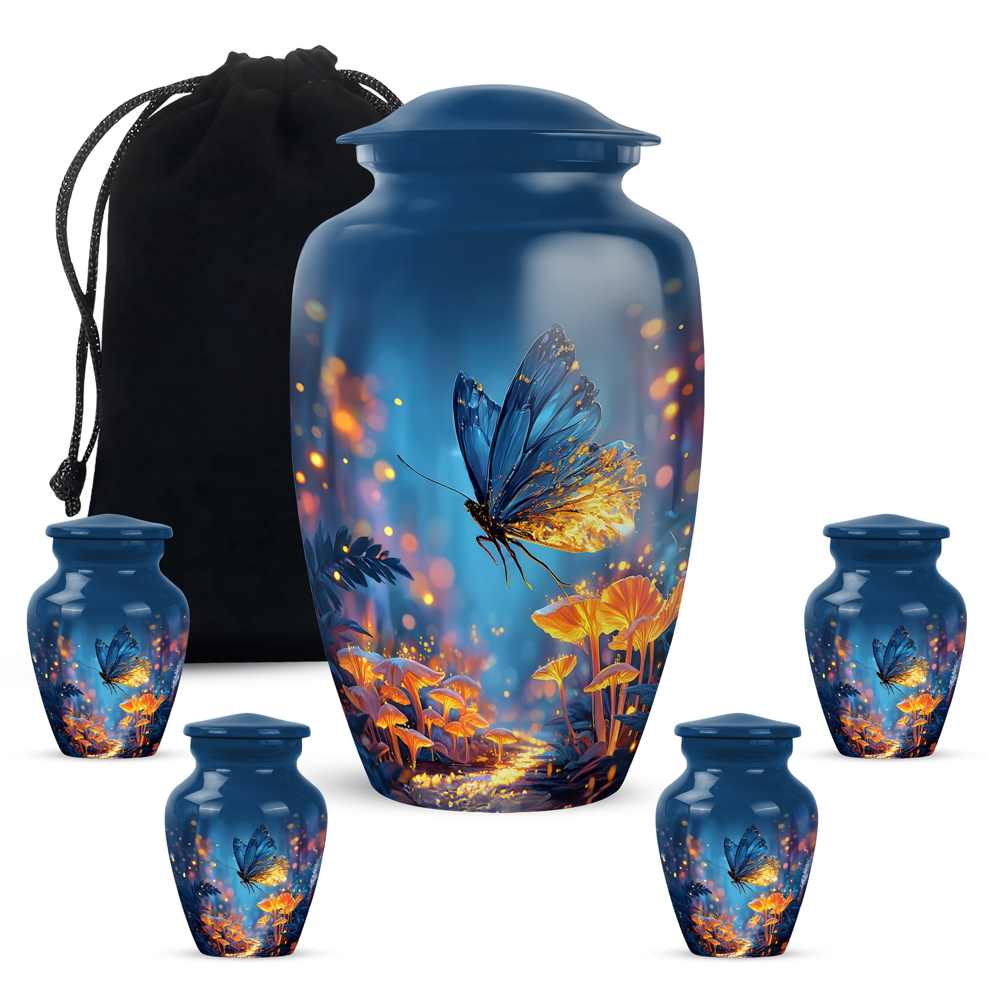 Sky Blue Butterfly Cremation Urn top-down view of secure threaded lid - timeless butterfly motif etched into premium metal - memorial set with one large and four small urns