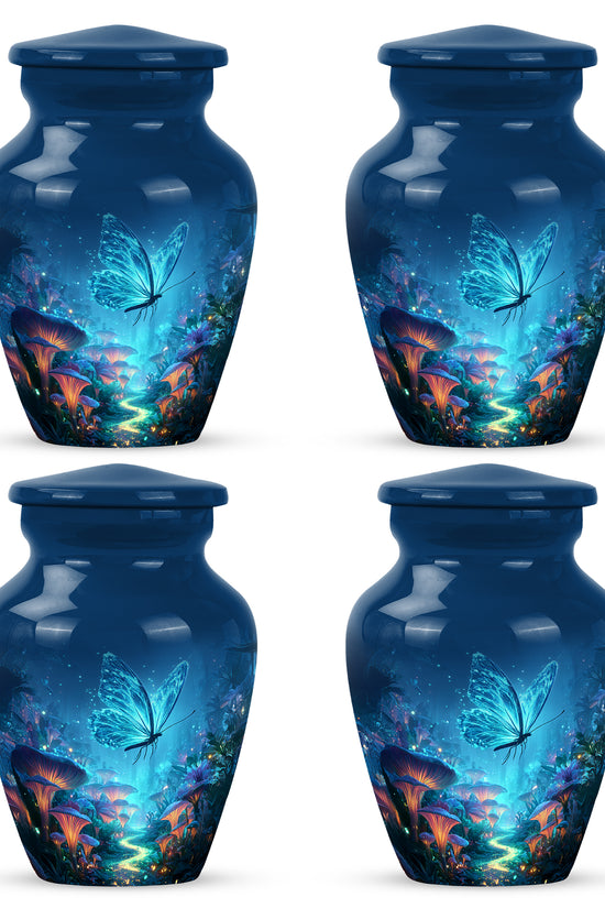 Sapphire Blue Butterfly Cremation Urn side profile showing urn shape - elegant classic butterfly relief with fine detailing - 10 inch aluminum urn for cremated remains