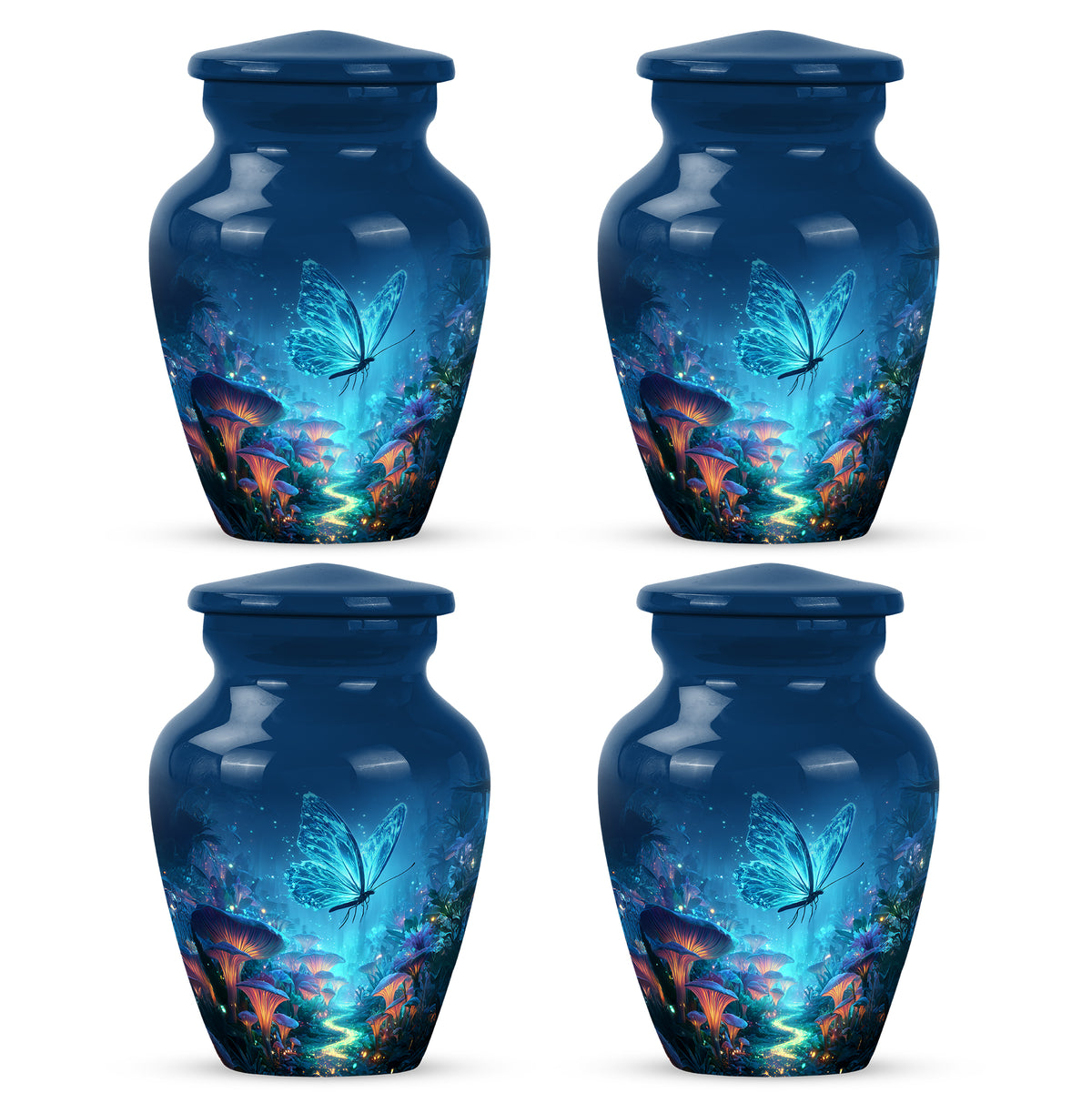 Sapphire Blue Butterfly Cremation Urn side profile showing urn shape - elegant classic butterfly relief with fine detailing - 10 inch aluminum urn for cremated remains
