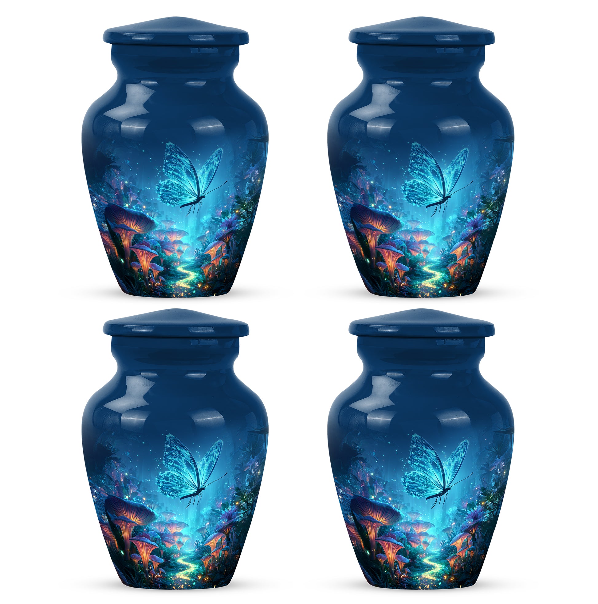 Sapphire Blue Butterfly Cremation Urn side profile showing urn shape - elegant classic butterfly relief with fine detailing - 10 inch aluminum urn for cremated remains