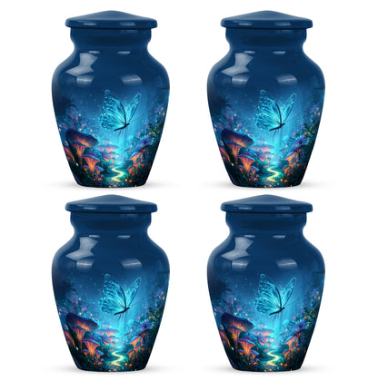 Sapphire Blue Butterfly Cremation Urn side profile showing urn shape - elegant classic butterfly relief with fine detailing - 10 inch aluminum urn for cremated remains