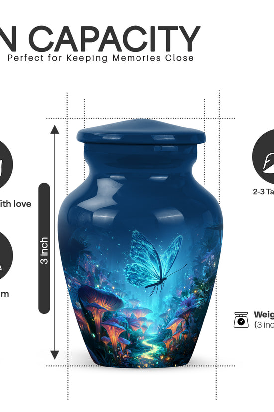 Navy Blue Butterfly Cremation Urn close-up of engraving and surface detail - timeless butterfly motif etched into premium metal - mini keepsake memorial for portion of cremation ashes