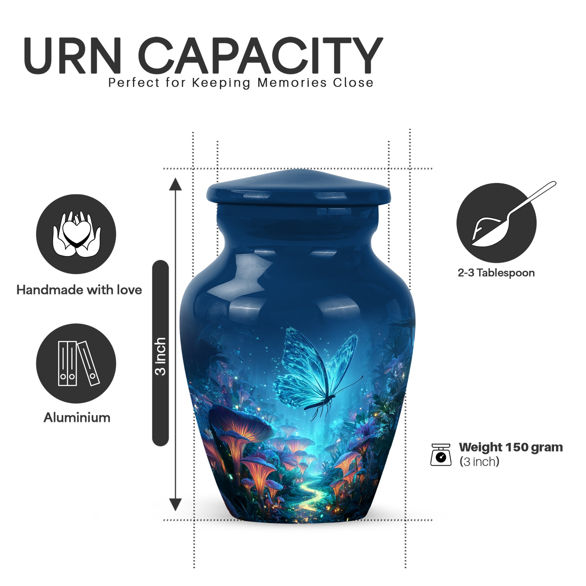 Navy Blue Butterfly Cremation Urn close-up of engraving and surface detail - timeless butterfly motif etched into premium metal - mini keepsake memorial for portion of cremation ashes