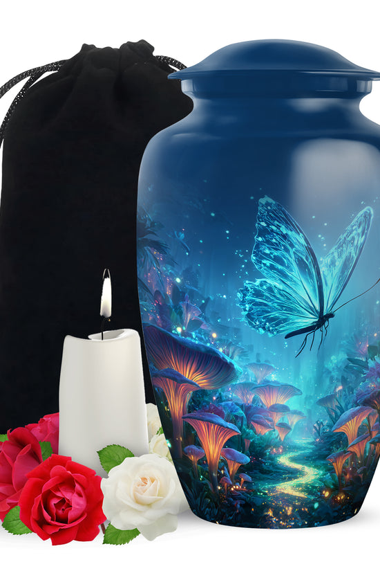 Sky Blue Butterfly Cremation Urn angled view of lid and engraved motif - timeless butterfly motif etched into premium metal - full-size 10 inch 200 cubic inch adult cremation urn