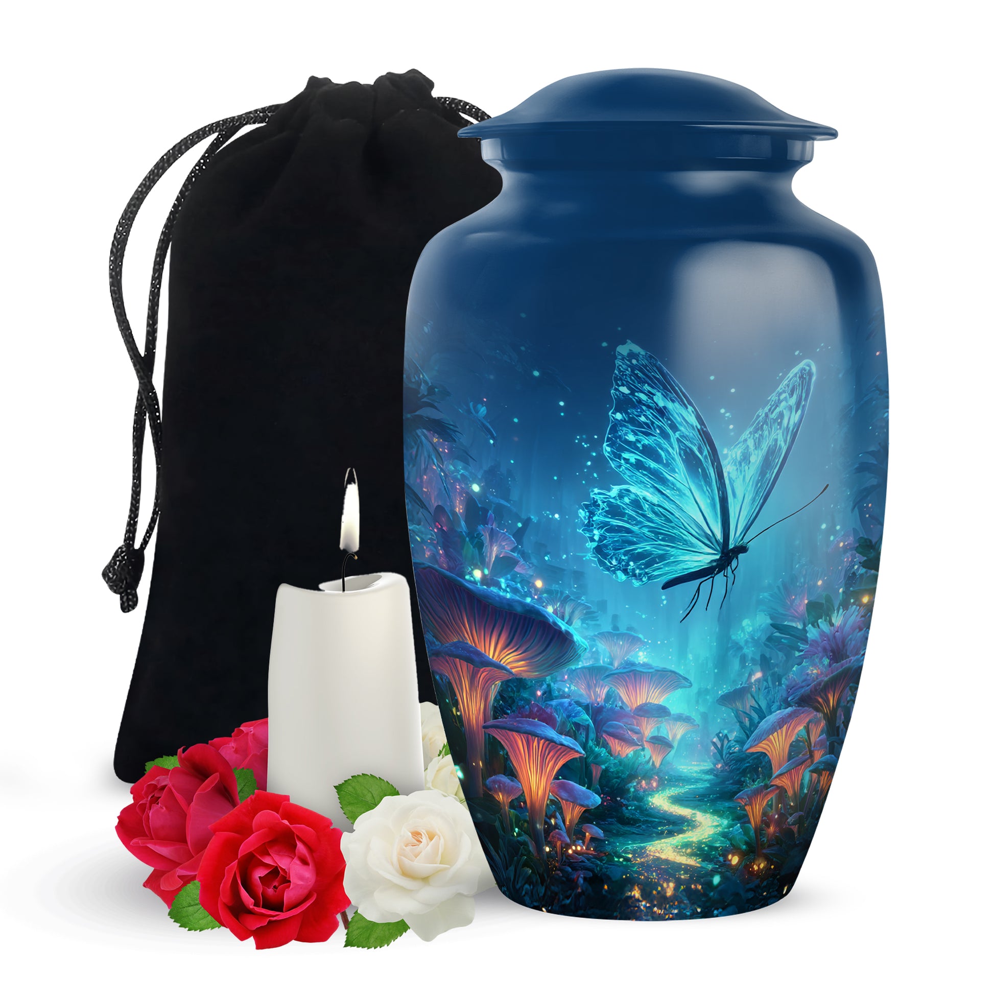 Sky Blue Butterfly Cremation Urn angled view of lid and engraved motif - timeless butterfly motif etched into premium metal - full-size 10 inch 200 cubic inch adult cremation urn
