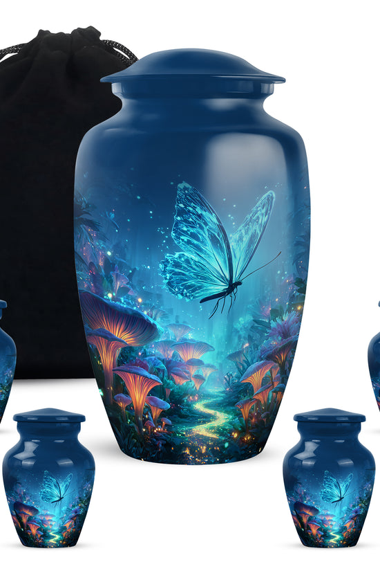 Powder Blue Butterfly Cremation Urn top-down view of secure threaded lid - classic sculpted butterfly pattern on smooth aluminum - memorial set with one large and four small urns