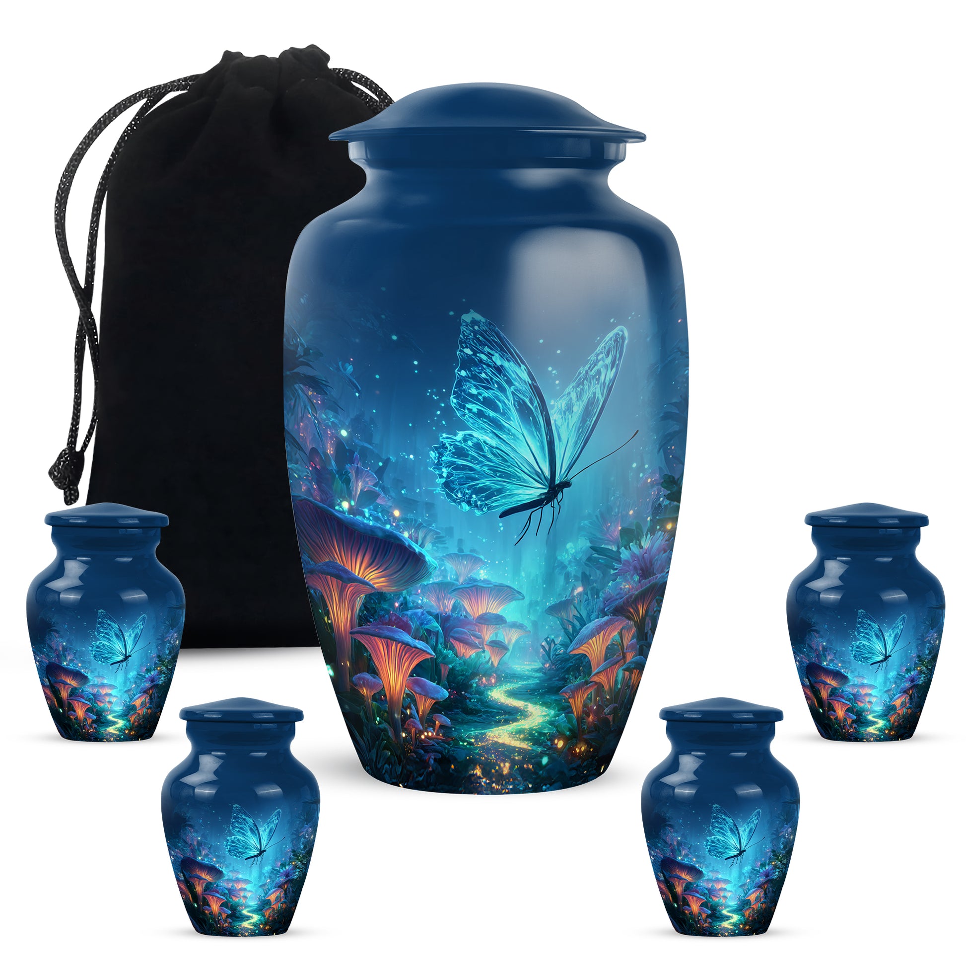 Powder Blue Butterfly Cremation Urn top-down view of secure threaded lid - classic sculpted butterfly pattern on smooth aluminum - memorial set with one large and four small urns