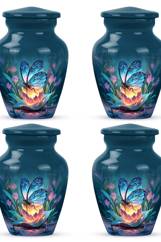 Sky Blue Butterfly Cremation Urn side profile showing urn shape - timeless butterfly motif etched into premium metal - 10 inch aluminum urn for cremated remains