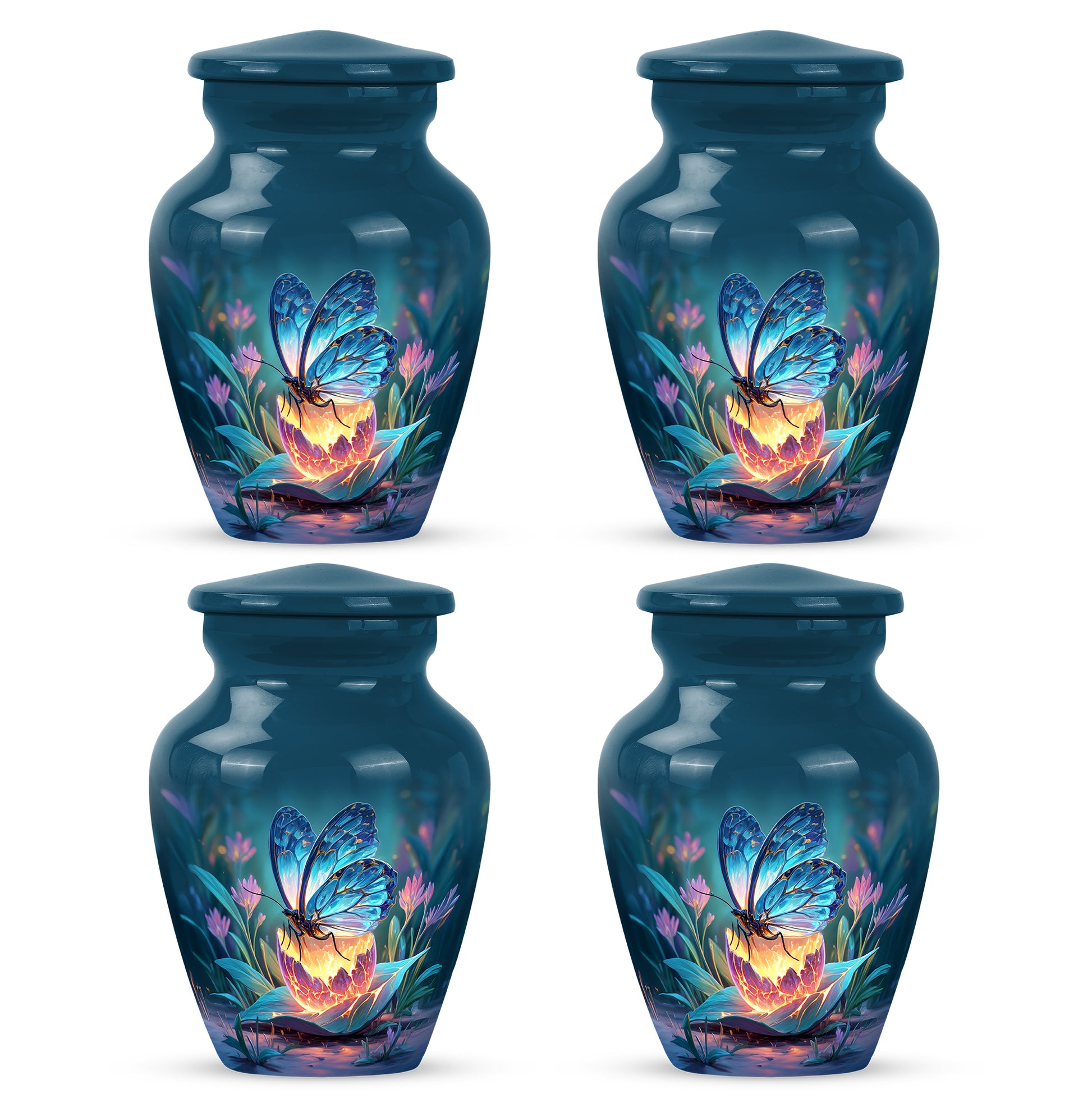 Sky Blue Butterfly Cremation Urn side profile showing urn shape - timeless butterfly motif etched into premium metal - 10 inch aluminum urn for cremated remains