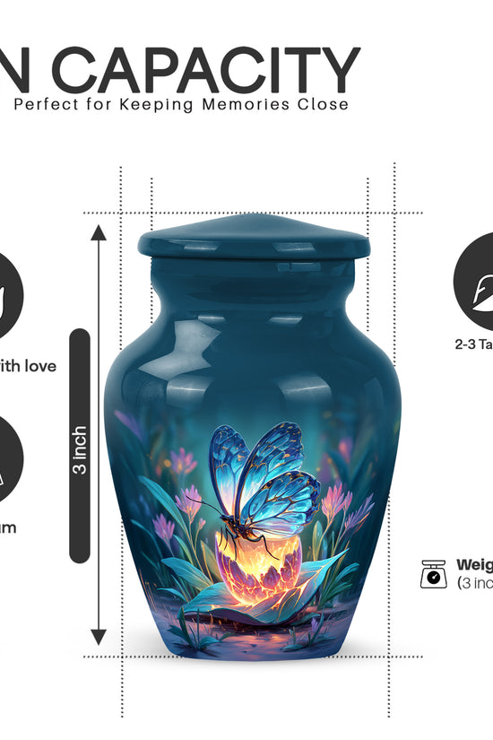 Azure Butterfly Cremation Urn close-up of engraving and surface detail - timeless butterfly motif etched into premium metal - mini keepsake memorial for portion of cremation ashes